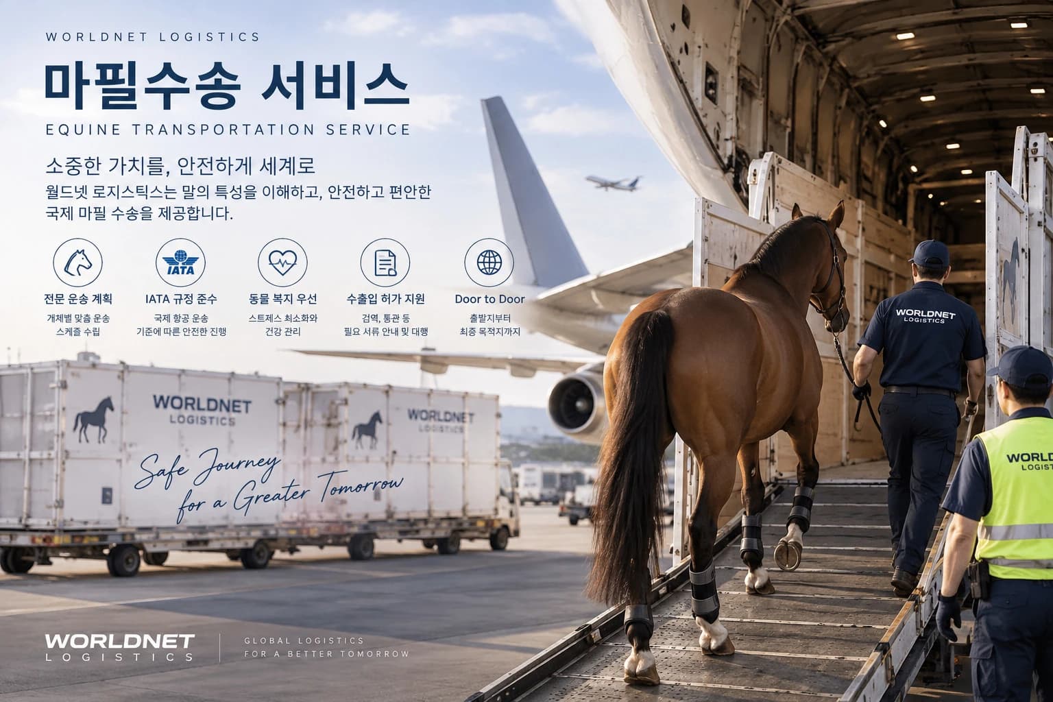 마필수송 서비스 — 소중한 가치를, 안전하게 세계로. 전문 운송 계획, IATA 규정 준수, 동물 복지 우선, 수출입 허가 지원, Door to Door.